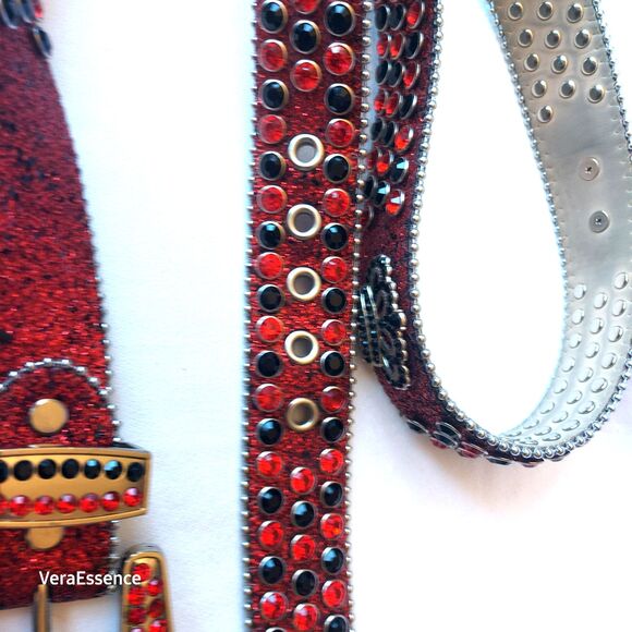 DNA PREMIUM WEAR WESTERN BELT RED BLACK RHINESTONE SILVER & GLITTER ACCENTS 43\